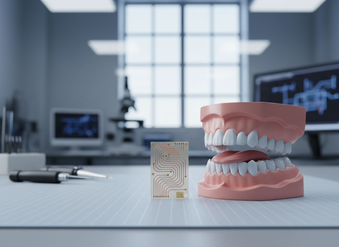 Compact intraoral wireless antenna beside a dental model in a clean electronics laboratory