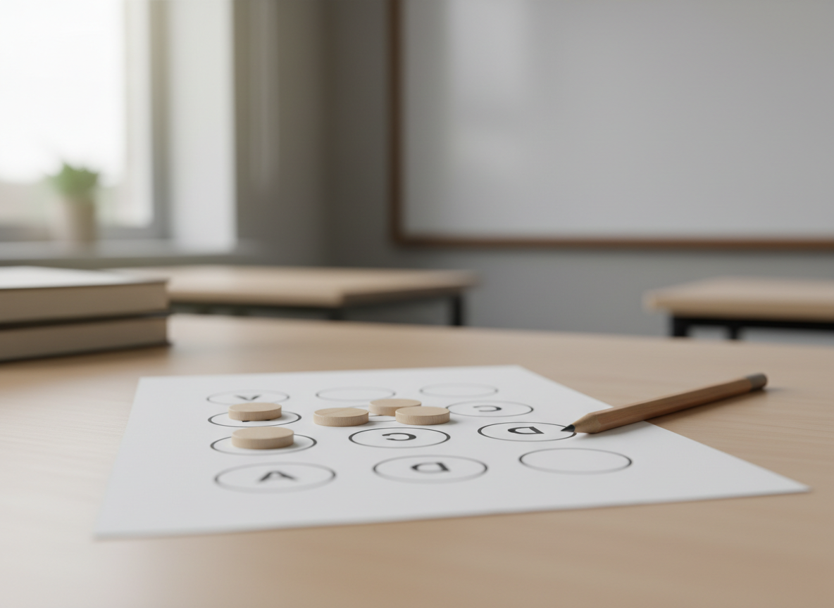 Multiple-choice answer sheet with small counters divided between answer options to represent confidence weighting.