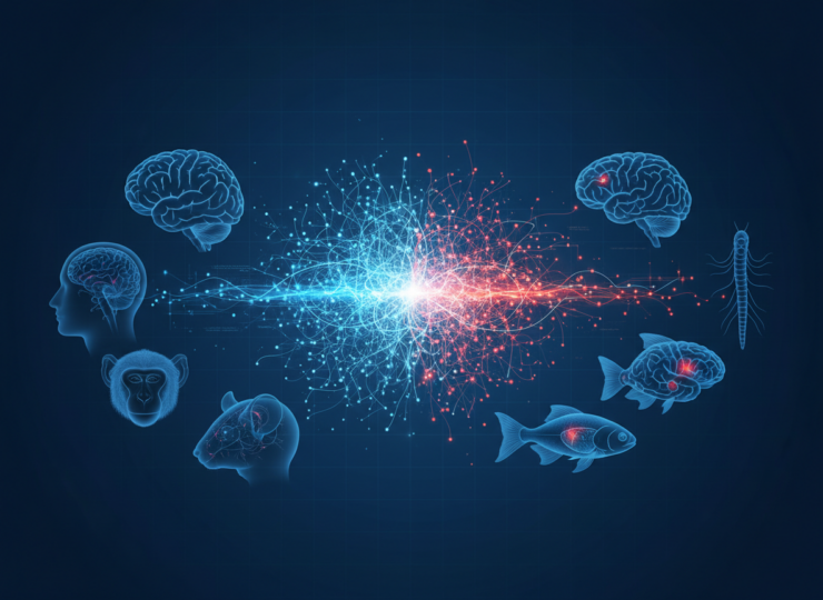 Illustration of coordinated awake brain activity transitioning to isolated neural activity under anesthesia across species
