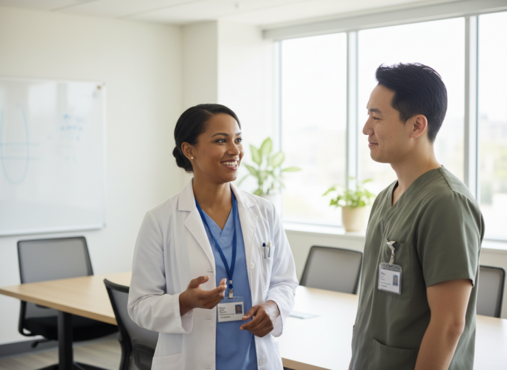 Two healthcare coworkers sharing a supportive conversation in a bright hospital staff room.