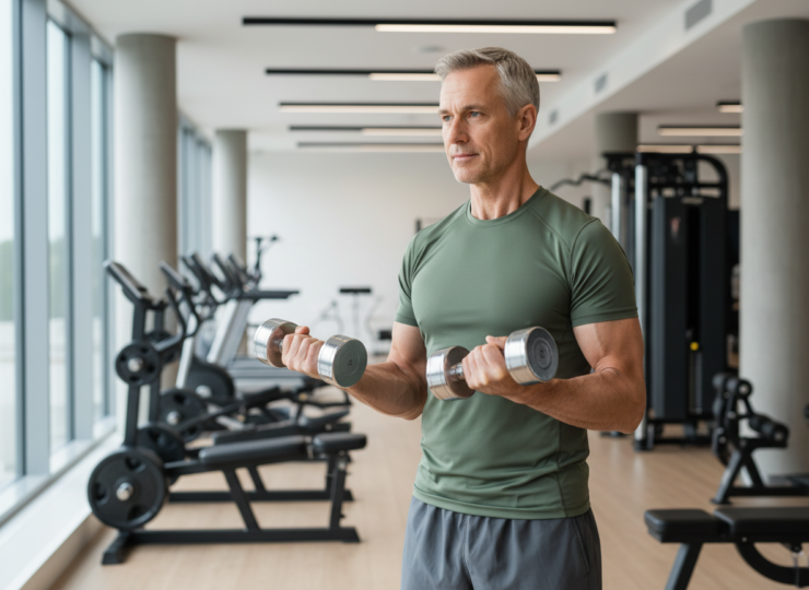 Middle-aged adult preparing for resistance exercise in a modern gym