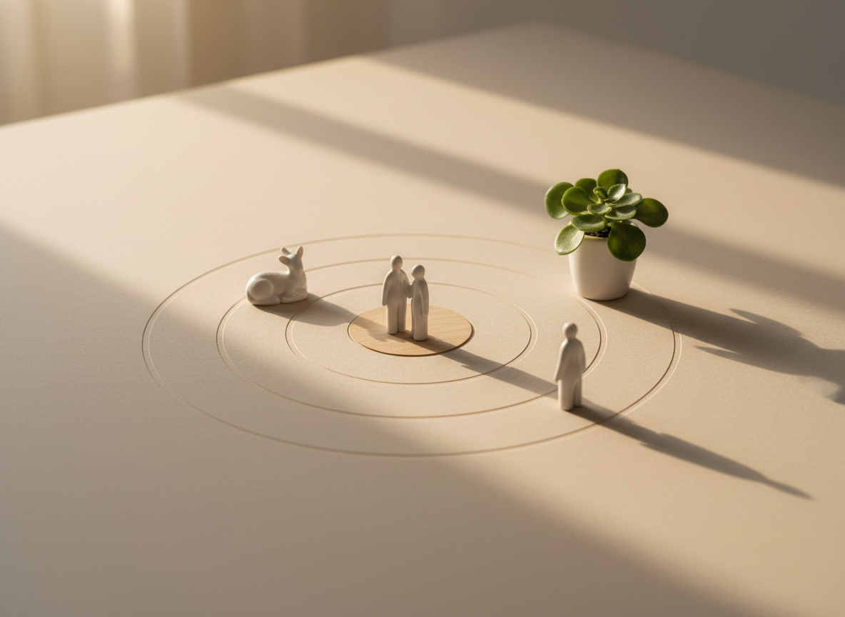 Concentric moral circles with human, animal and plant figures representing different objects of moral concern.