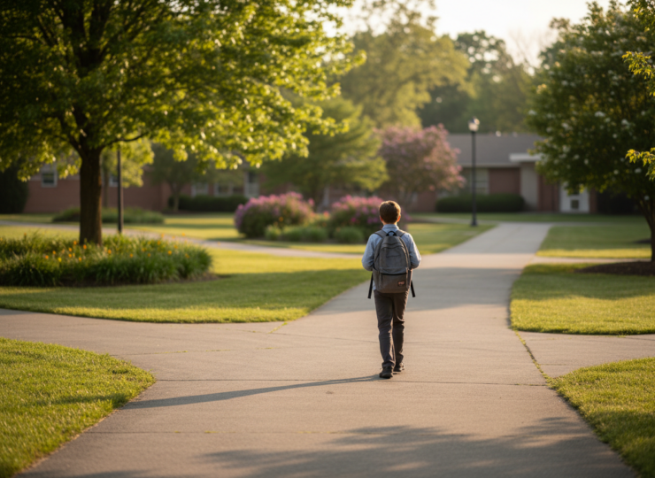 A school student seen from behind walking along a branching campus path in warm natural light.