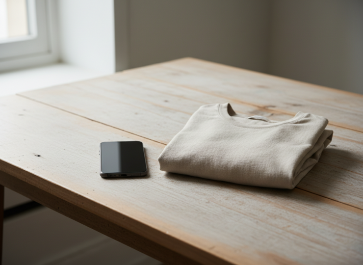 Smartphone resting beside folded clothing in a calm home setting, illustrating a break from digital fashion shopping