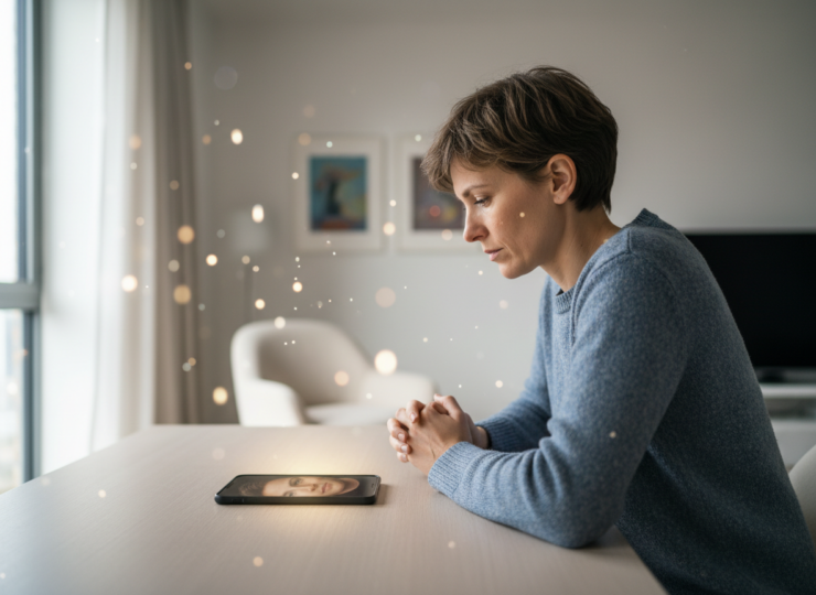 A thoughtful person looking at a faint reflection in a smartphone screen, illustrating digital identity and social comparison.