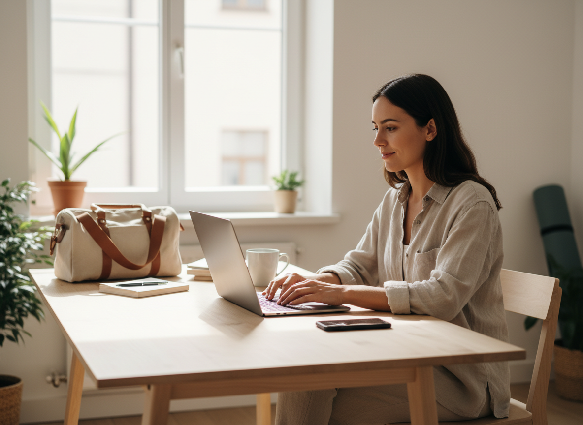 Remote worker using a laptop in a calm temporary workspace with a closed phone beside them