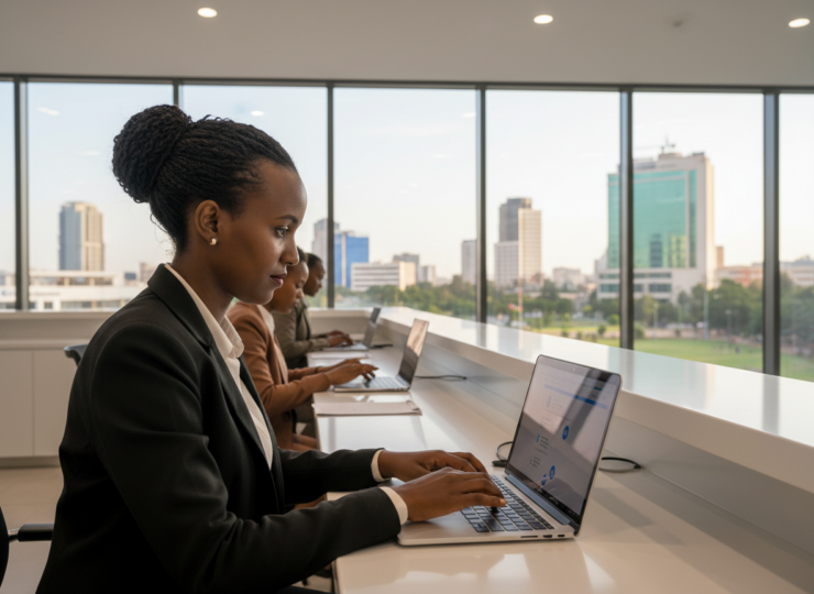 An Ethiopian business user accessing a digital government service in a modern public service setting.