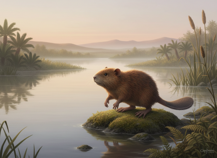 Editorial reconstruction of a small semiaquatic Early Cretaceous mammal beside a prehistoric wetland.