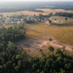 Fragmented forest, farmland, livestock and a rural settlement illustrating landscapes linked to emerging disease outbreaks.