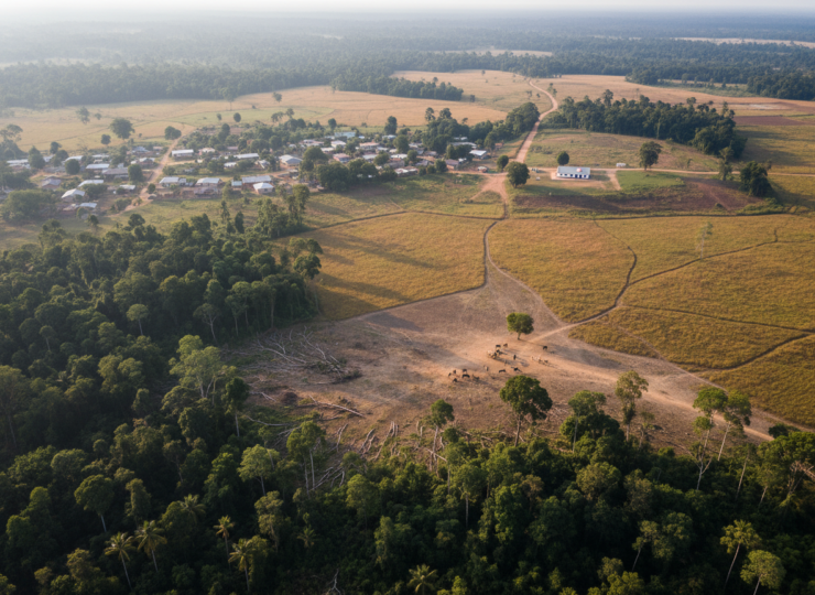 Fragmented forest, farmland, livestock and a rural settlement illustrating landscapes linked to emerging disease outbreaks.