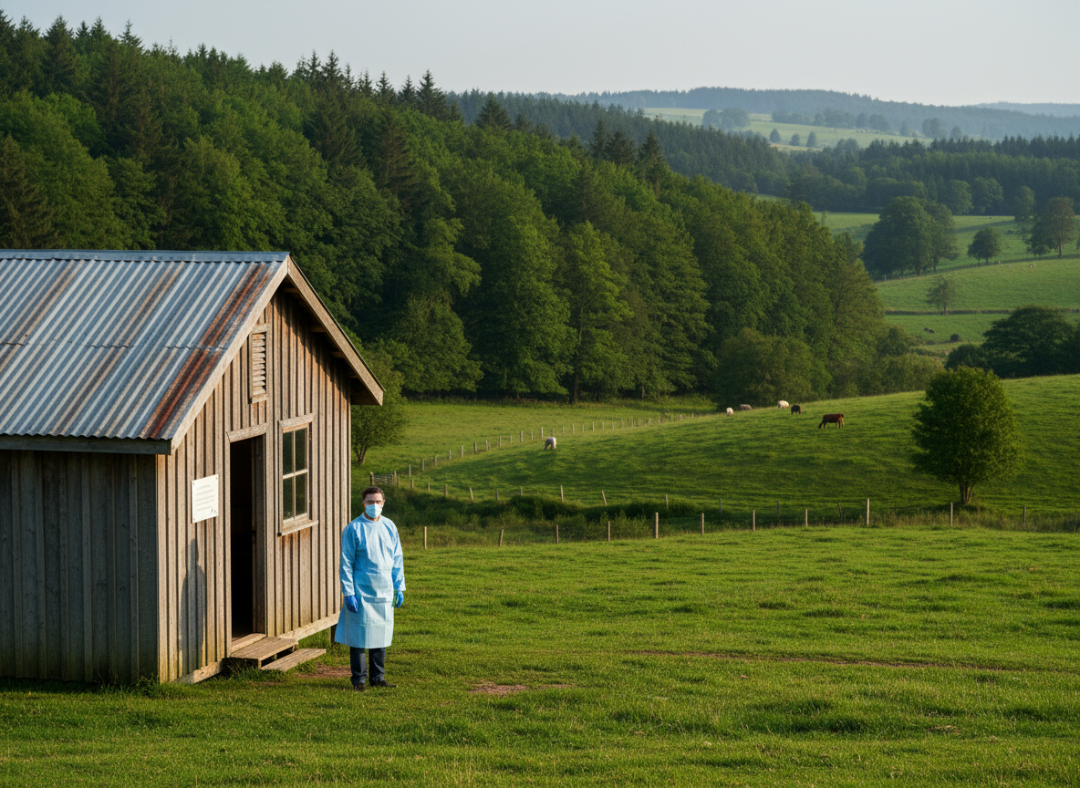 Healthcare worker outside a rural clinic near a forest, illustrating infectious disease surveillance and healthcare access.