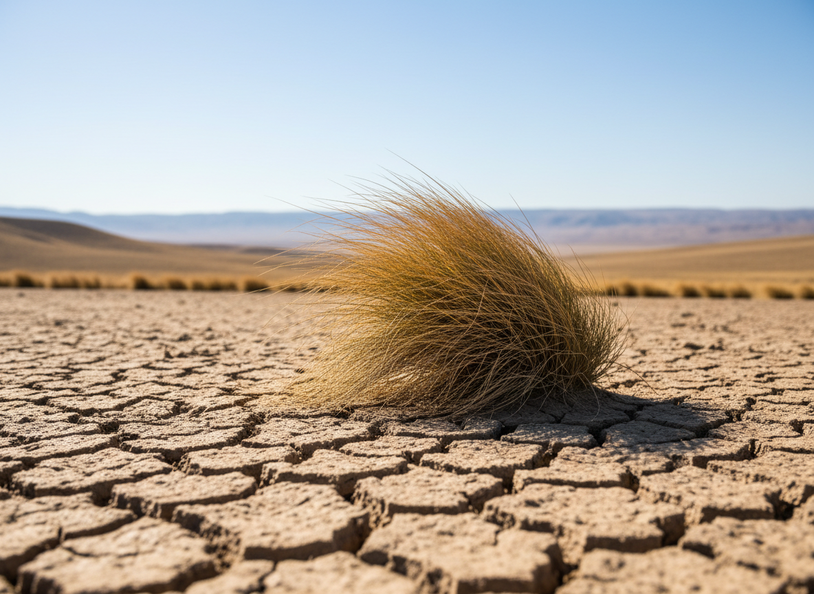 A grass plant bending in strong wind over dry cracked soil under bright sunlight.