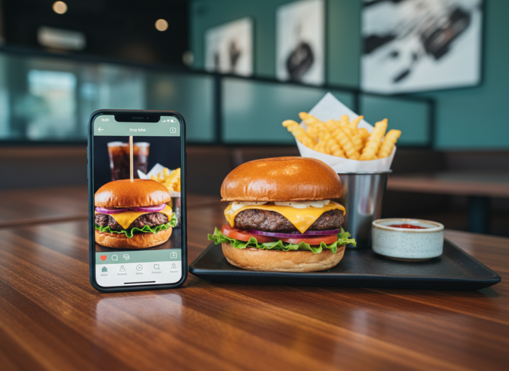 A smartphone displaying a generic fast-food social media post beside a restaurant meal
