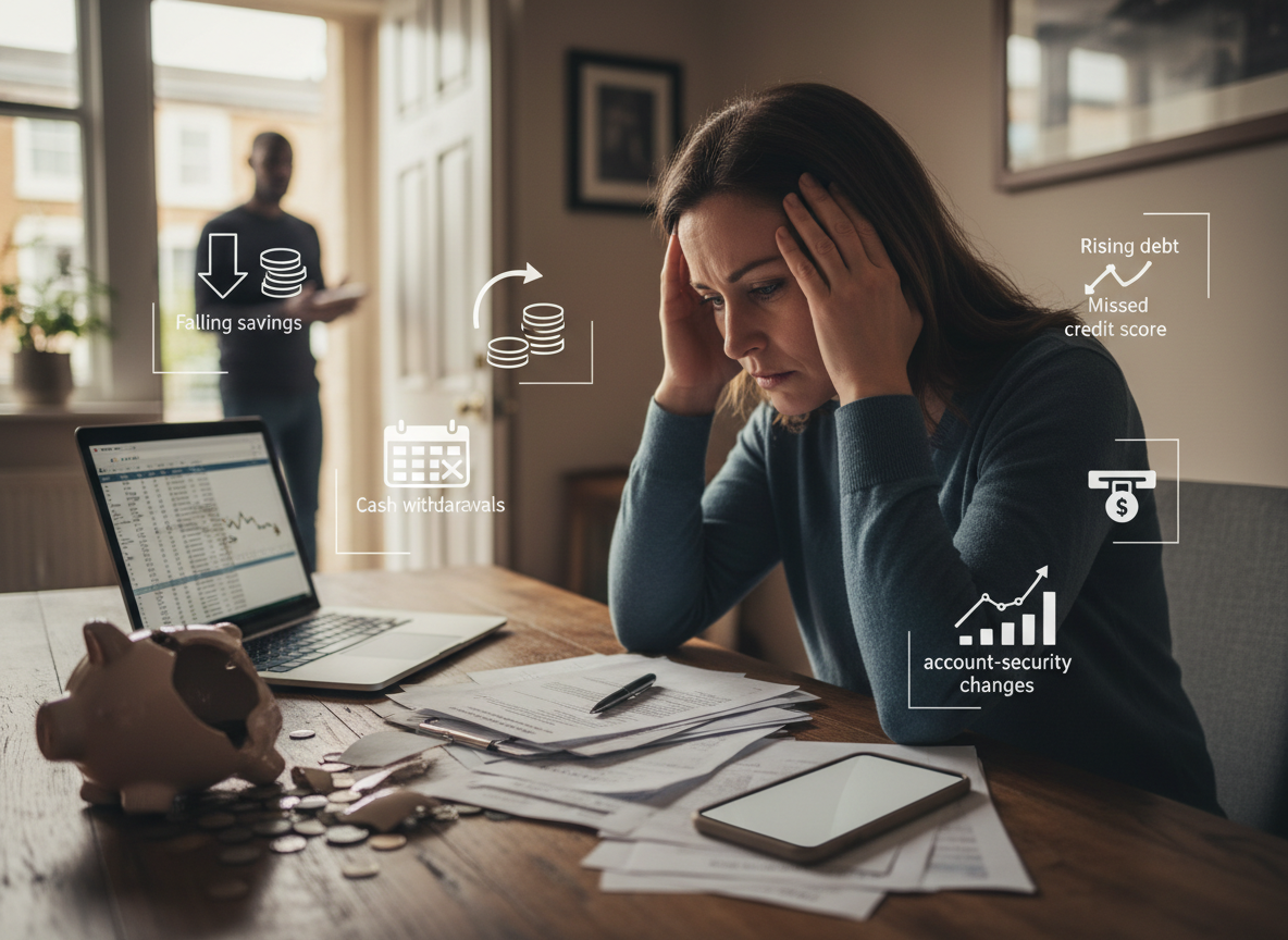 A worried woman reviewing bills and banking records at a table, with visual cues of falling savings, rising debt and account changes.