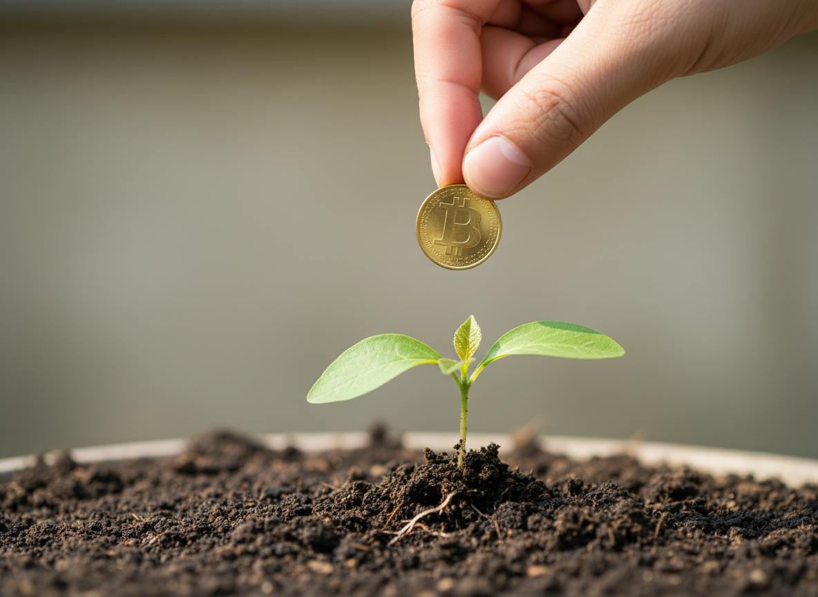 A hand holding a coin above a green seedling, representing a tradeoff between financial gain and environmental responsibility.