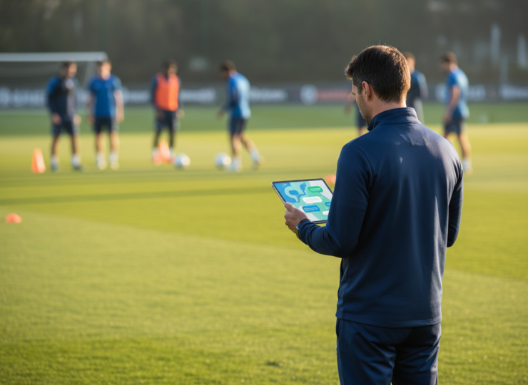 Professional football coach using an AI chatbot on a tablet beside a training pitch