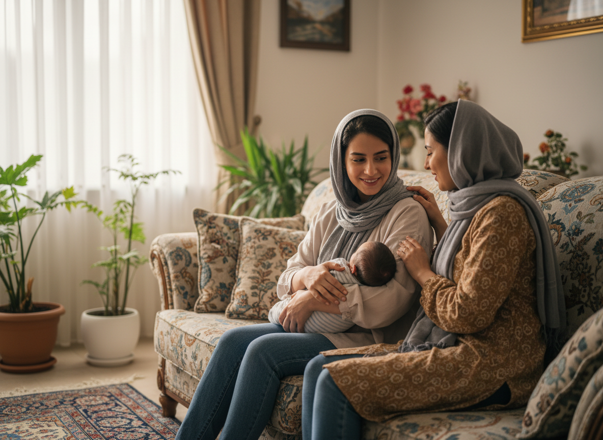 A mother holding her infant while receiving support from a female friend in a calm home setting.
