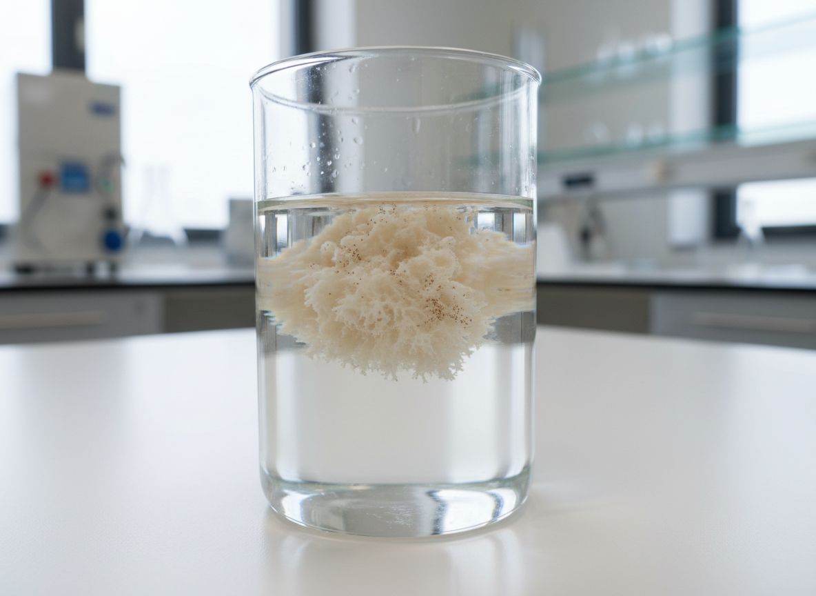 Laboratory vessel with fungal biomass used to capture nanoparticles from water.
