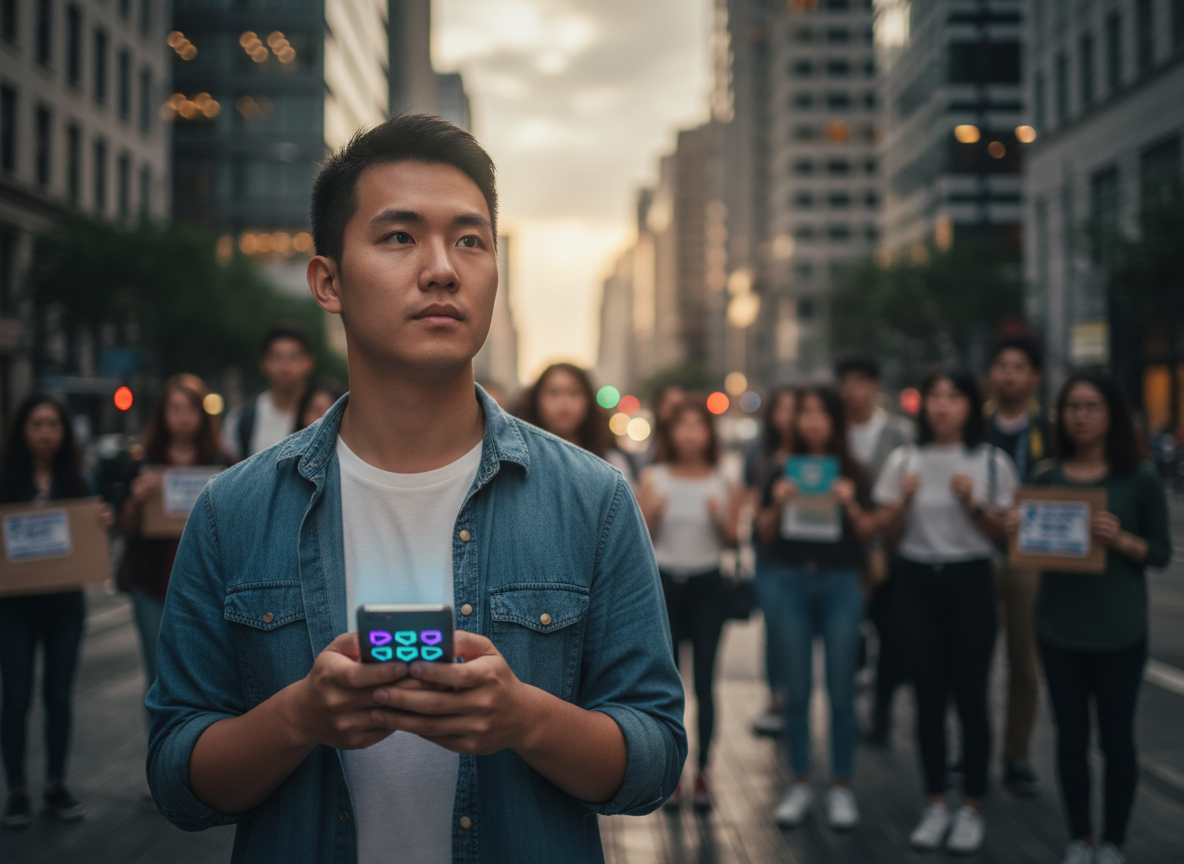 Young protesters using smartphones during a peaceful city demonstration