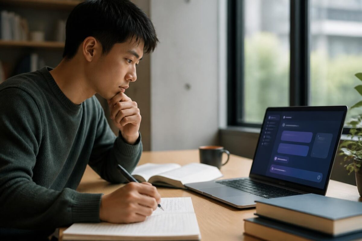 University student taking notes while using a generative AI tool on a laptop during study.
