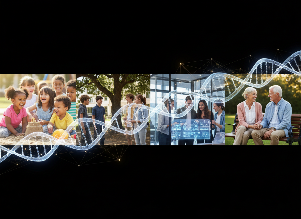 A panoramic view of social interaction across different life stages with a subtle DNA helix and network connections.