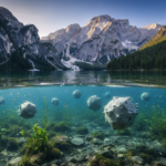 A European lake shown above and below the waterline, with large stylized giant-virus particles visible underwater.