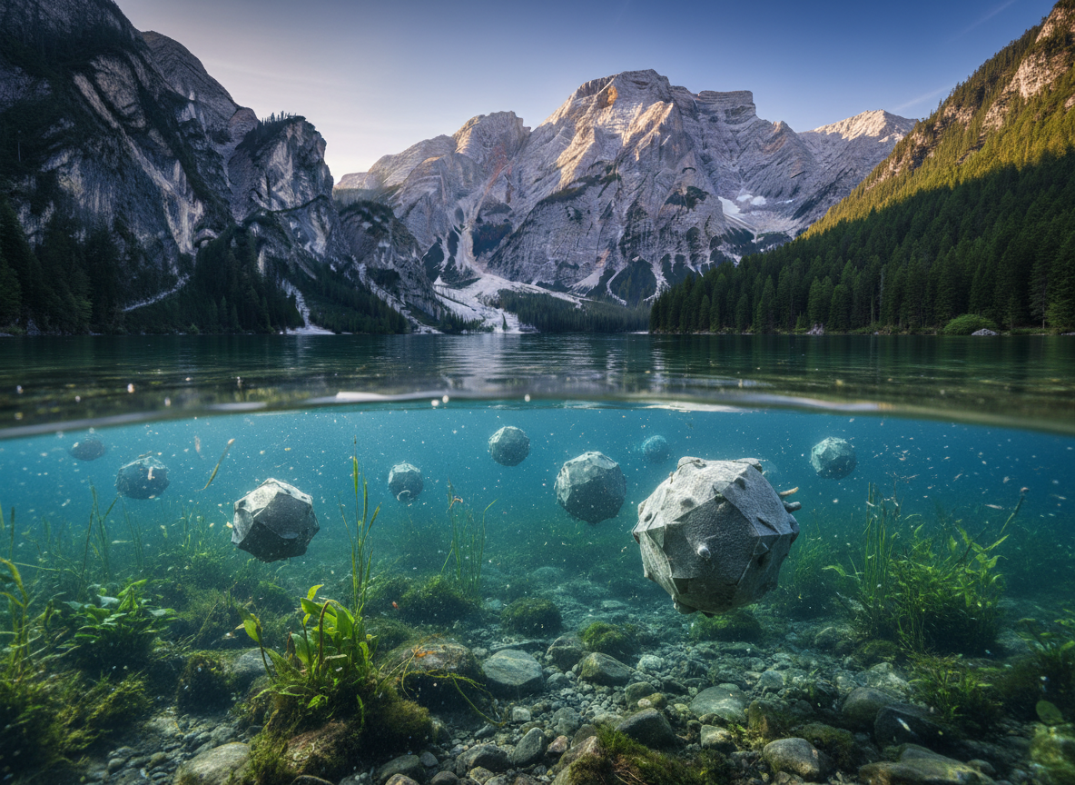 A European lake shown above and below the waterline, with large stylized giant-virus particles visible underwater.