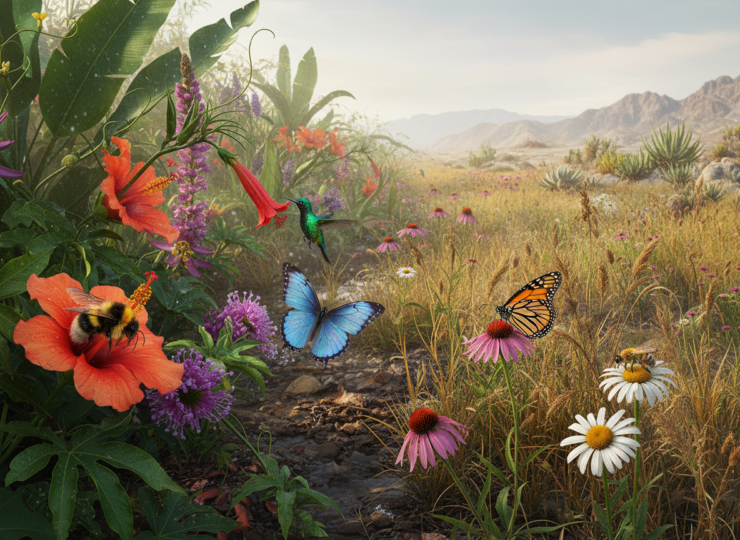 Different pollinators visiting flowering plants across a landscape representing varied climatic conditions.