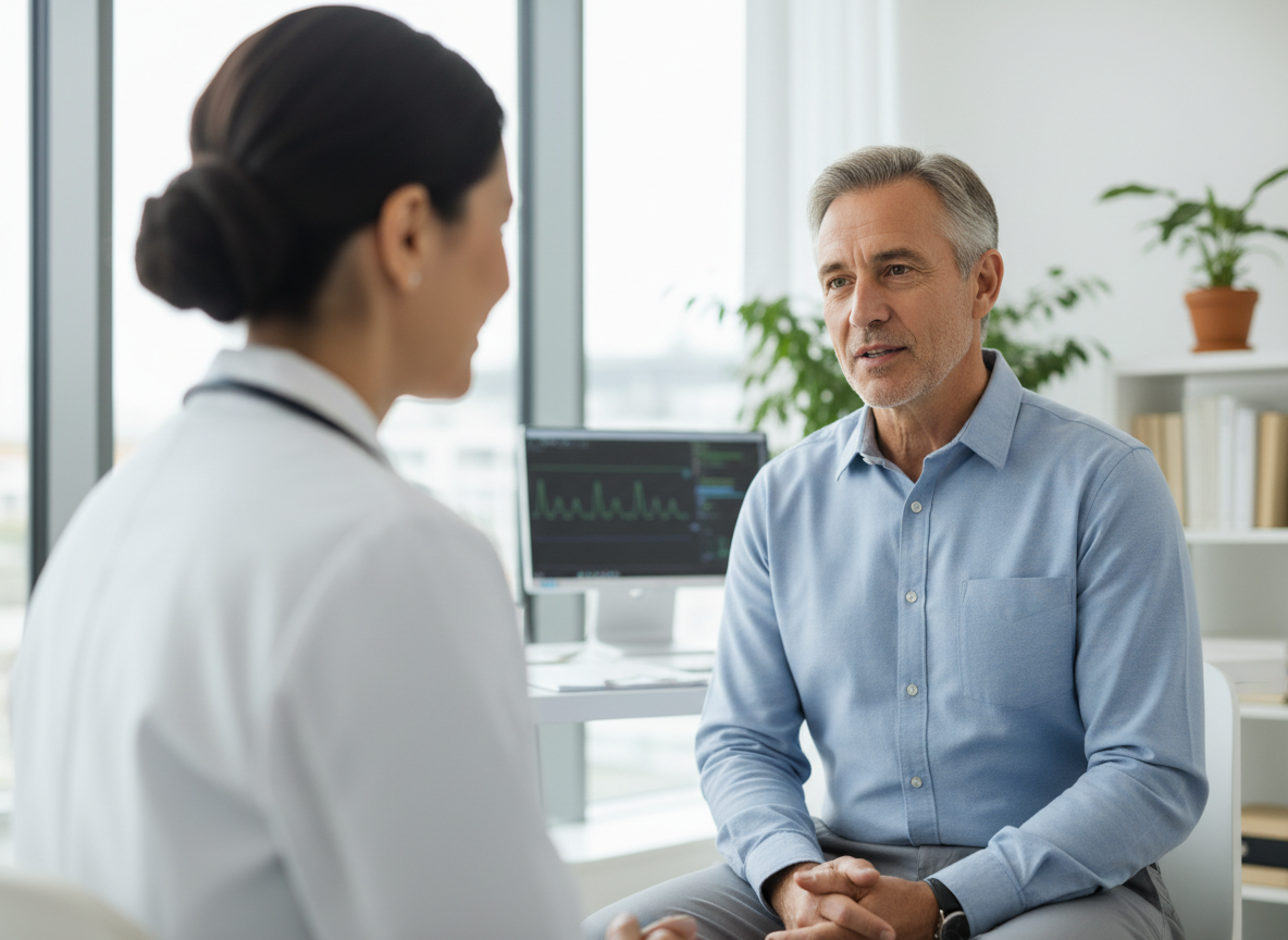 Adult heart failure patient speaking with a clinician during a medical consultation.