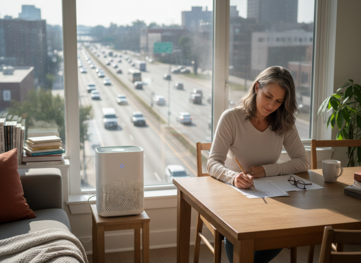 An adult completes a concentration task at home beside an air purifier, with a busy road visible outside the window.