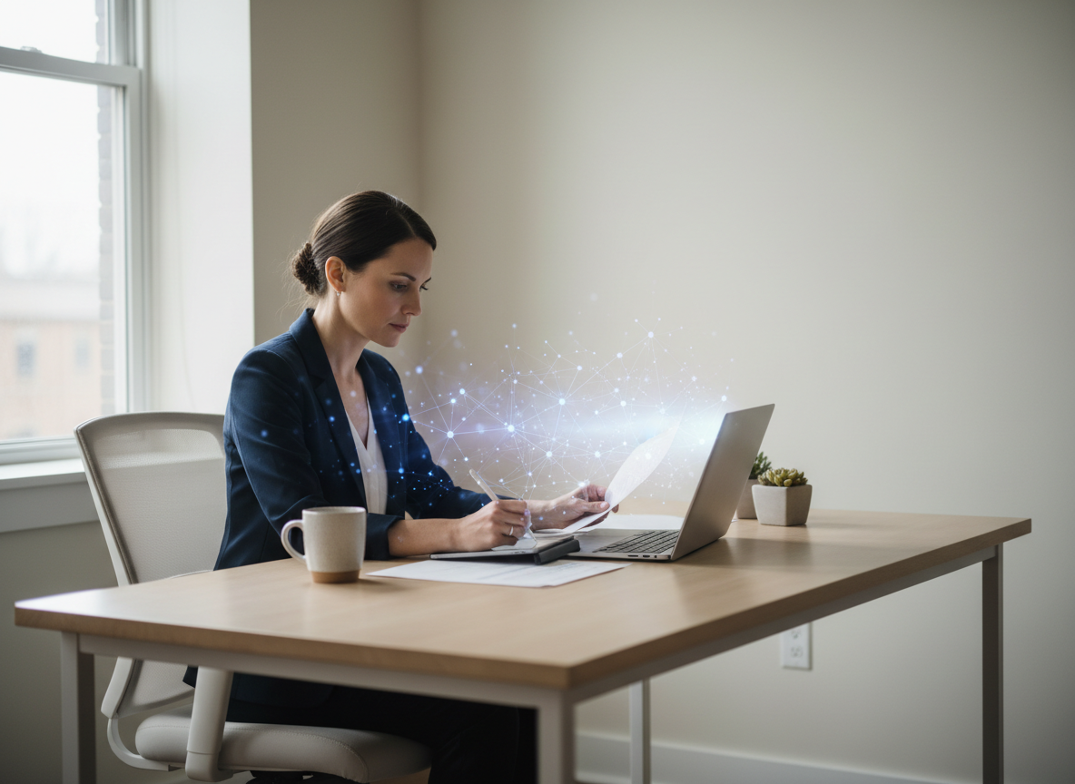 Office professional actively writing at a laptop while using an AI assistant as a supporting tool.