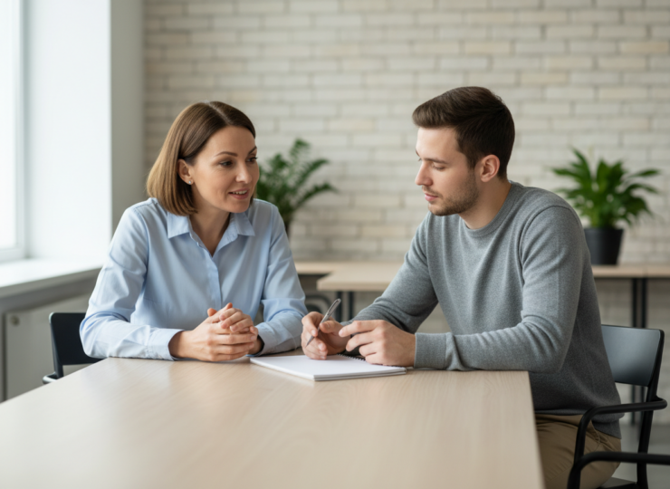 A team leader listens to an employee discussing an idea at a small business workplace table.
