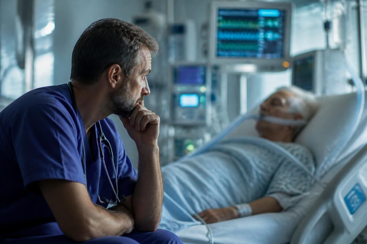 An ICU clinician sits thoughtfully beside an older patient receiving life-sustaining treatment in intensive care.