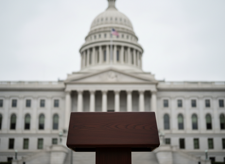 A government building seen behind a single podium under dramatic but restrained editorial lighting