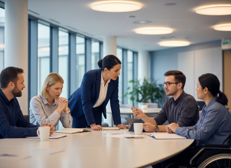 Public-sector employees discussing ideas with an attentive supervisor in a government office