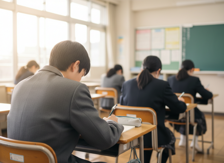 Student writing at a desk in a bright Japanese classroom