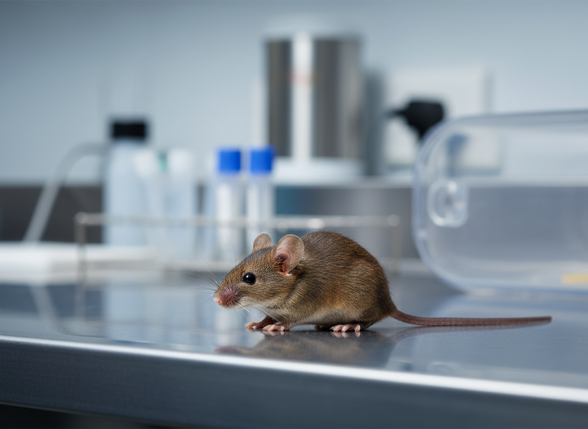 A single brown laboratory mouse stands on a clean bench in a modern biomedical laboratory.