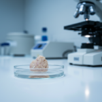 A small brain tissue biopsy specimen rests in a clear laboratory dish with a microscope softly blurred in the background.