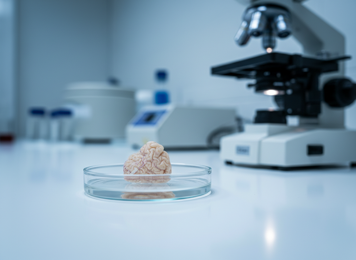 A small brain tissue biopsy specimen rests in a clear laboratory dish with a microscope softly blurred in the background.