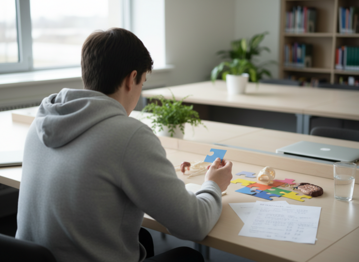 Medical student studying a clinical case with notes in a quiet university setting