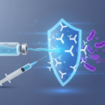 An existing meningococcal vaccine triggered antibodies against gonorrhoea in a phase 2 trial A vaccine vial and syringe beside a shield with antibody symbols blocking stylized bacteria.