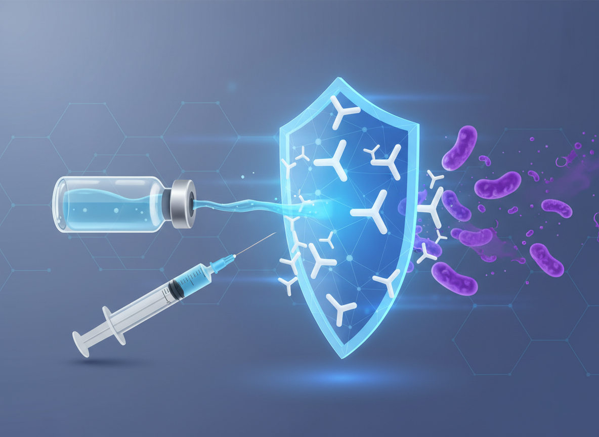 A vaccine vial and syringe beside a shield with antibody symbols blocking stylized bacteria.