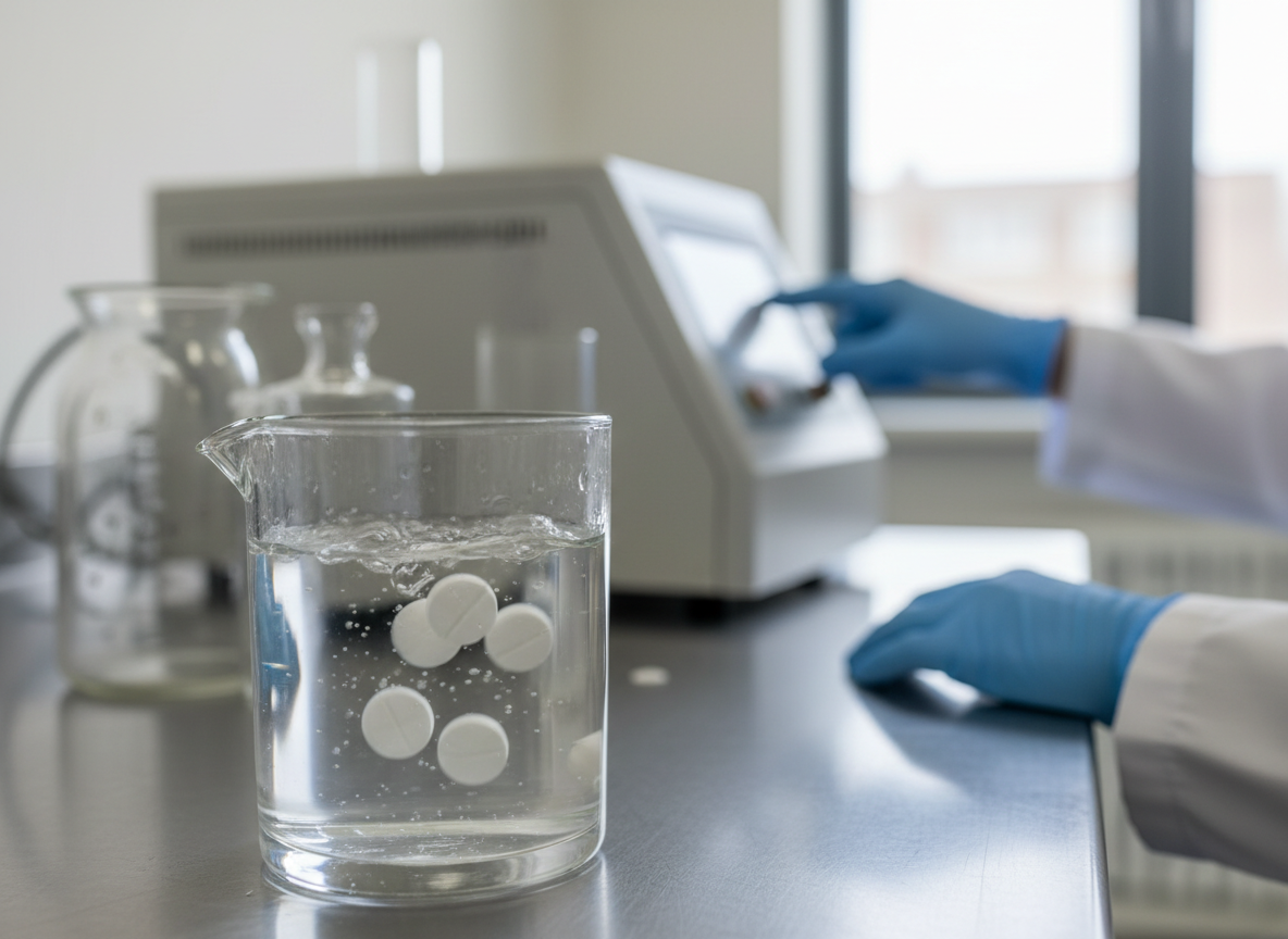White tablets undergoing pharmaceutical quality testing in a laboratory vessel.