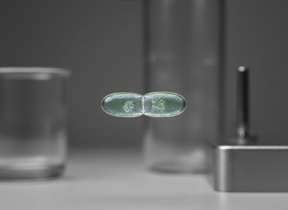 Microscopic editorial illustration of a methanogenic archaeal cell dividing.