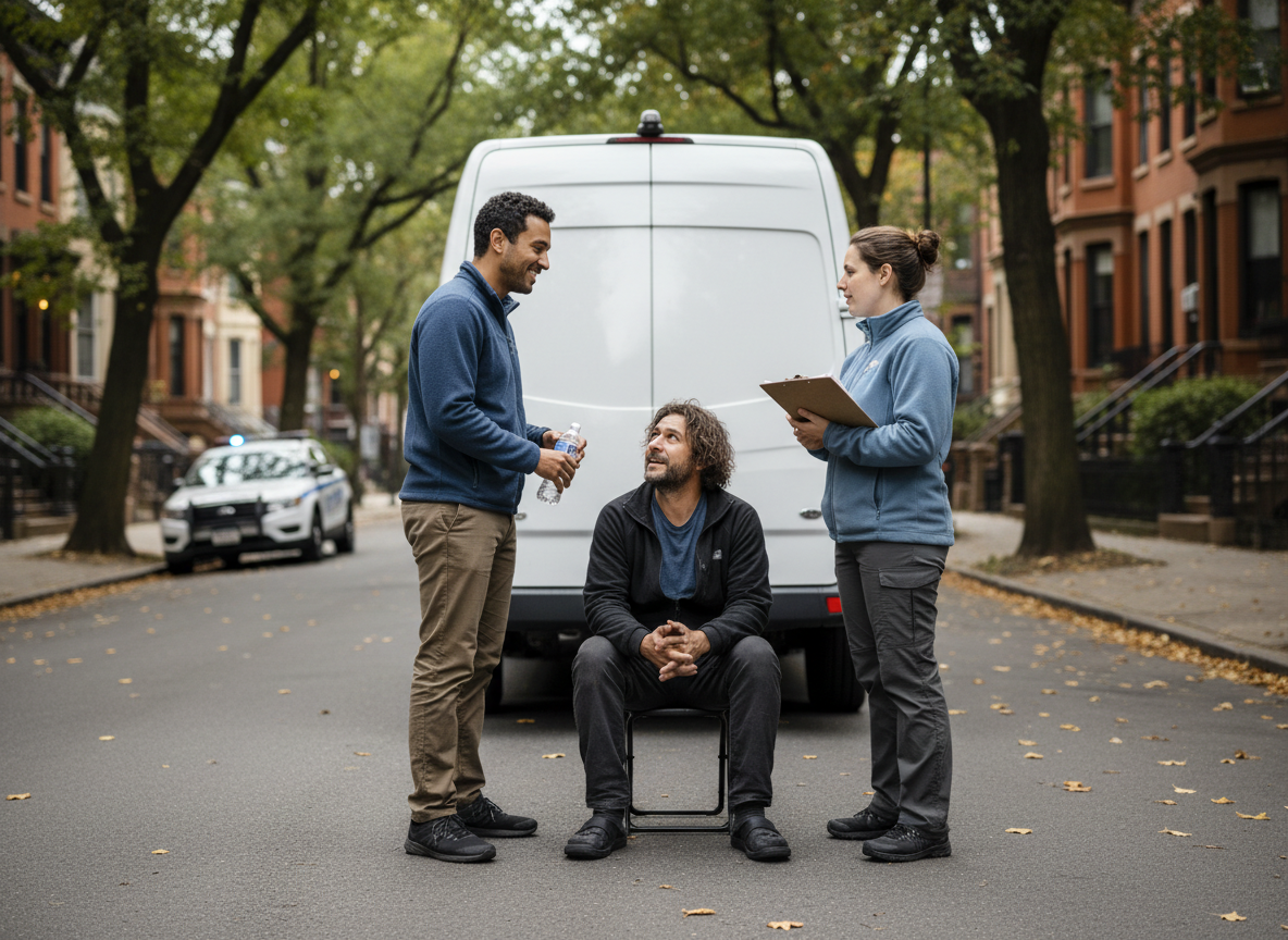 Two civilian crisis responders speaking calmly with a person beside a response van while a police vehicle remains distant in the background.