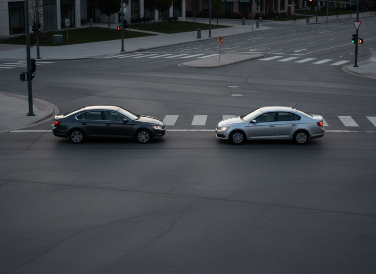 Cars navigating an urban intersection in a realistic low-stakes traffic scenario.