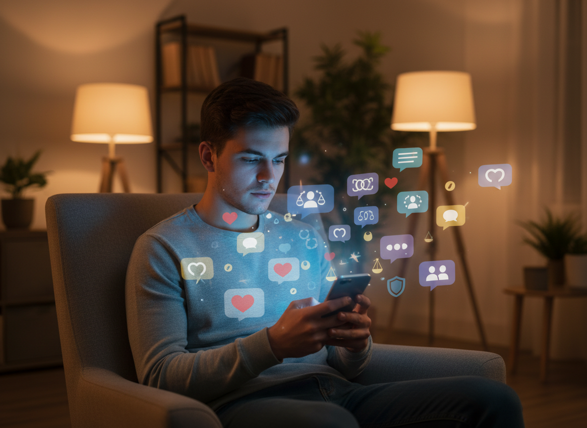 A person looking at a smartphone surrounded by abstract social media reactions and discussion symbols.