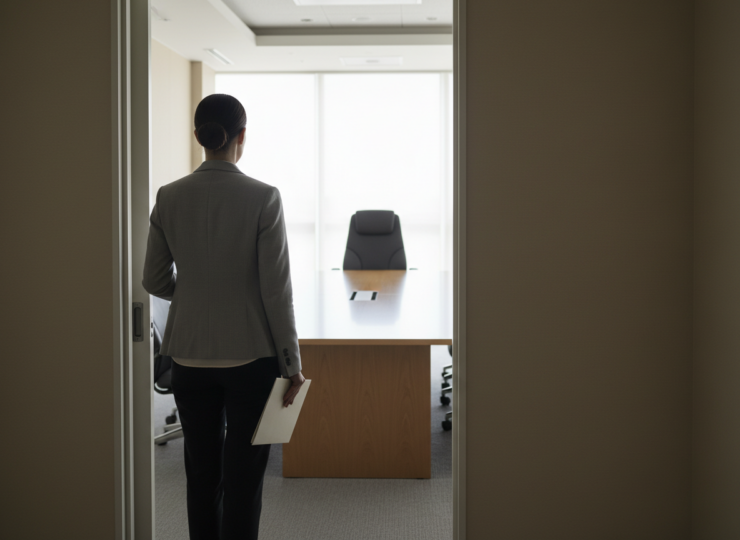 Professional woman standing at the doorway of a modern meeting room, illustrating workplace leadership and career opportunity.