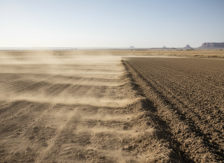 Wind moving loose soil across an exposed agricultural surface, illustrating a study of nano-clay erosion control.