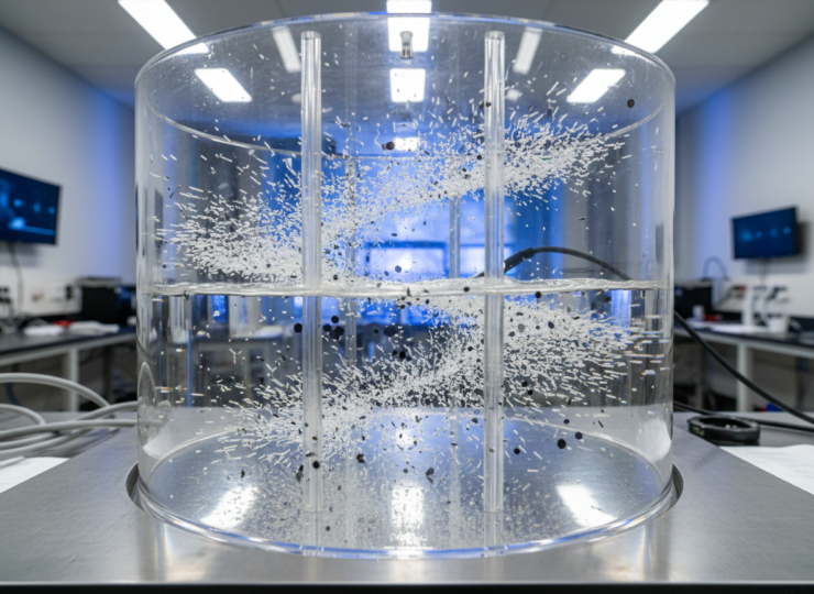 Laboratory fluid dynamics experiment showing nanoparticle suspensions moving through vortices between concentric cylinders